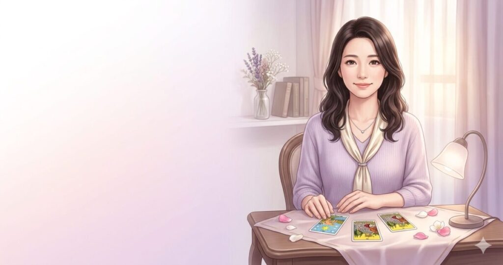20〜30代女性占い師。
暗めブラウンのゆるいウェーブヘア。
優しく落ち着いた表情。
