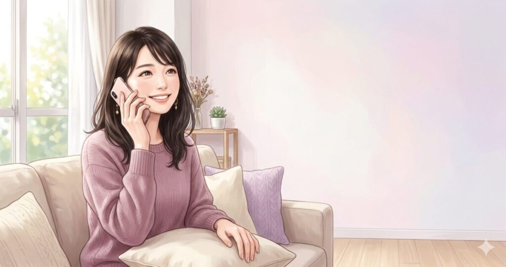 20〜30代女性。
暗めブラウンのミディアムヘア。
安心したような柔らかい笑顔。
