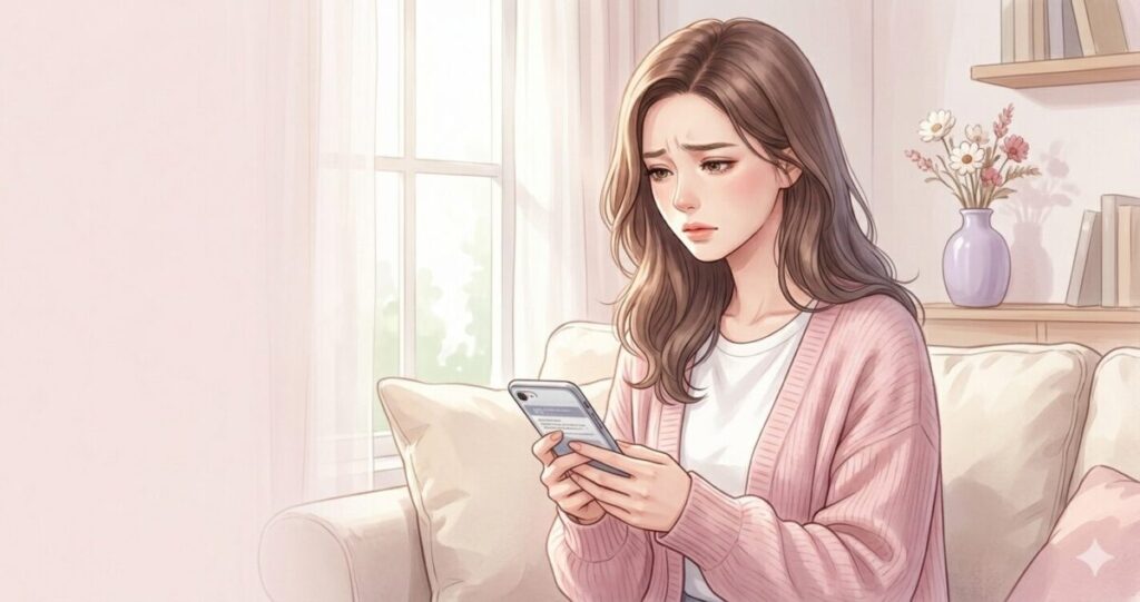 20〜30代女性。
柔らかい茶髪セミロング。
少し不安そうな表情でスマホを見つめている。
