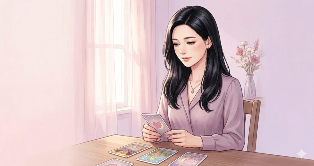 20〜30代女性。
黒髪ロング。
落ち着いた優しい表情。
静かな部屋でタロットカードを眺めている構図。
