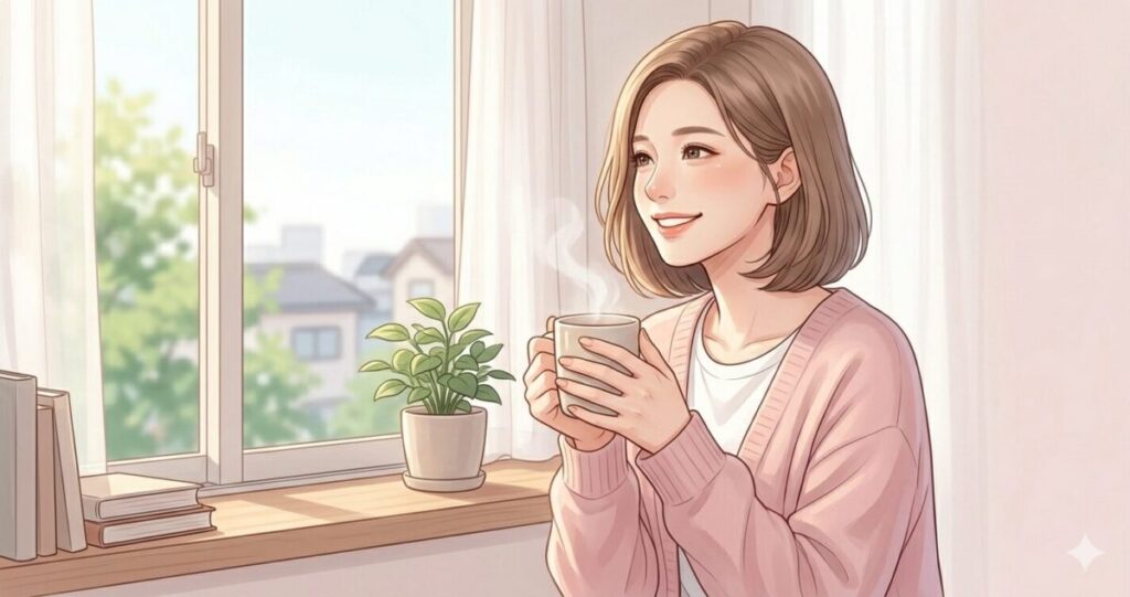 20〜30代女性。
ナチュラルなボブヘア。
穏やかな笑顔。
窓際で温かい飲み物を持ちながら安心した表情。
