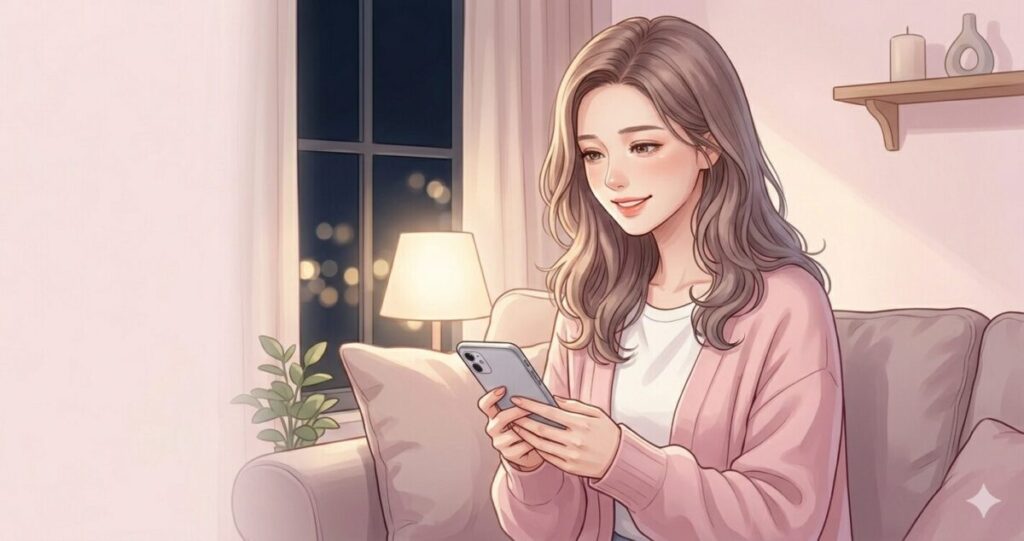 20〜30代女性。
ゆる巻きミディアムヘア。
安心したような柔らかい笑顔。
スマホを持ちながら少しホッとした表情。
