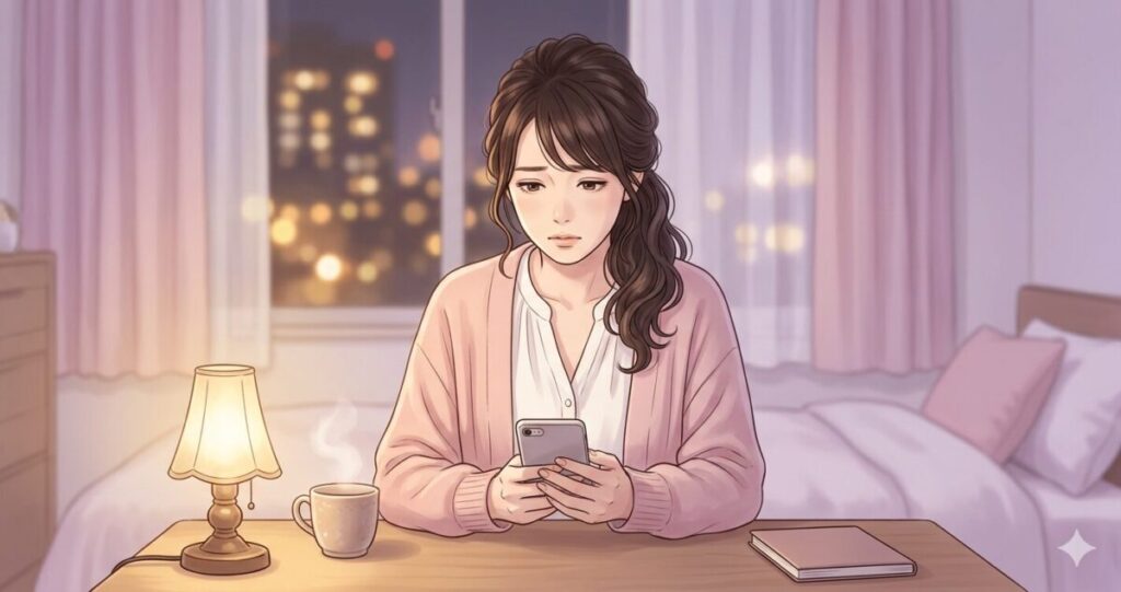 恋愛不安を抱える女性
・20〜30代女性
・スマホを見ながら悩む
・夜の室内
・少し不安そうな表情
・柔らかい光
