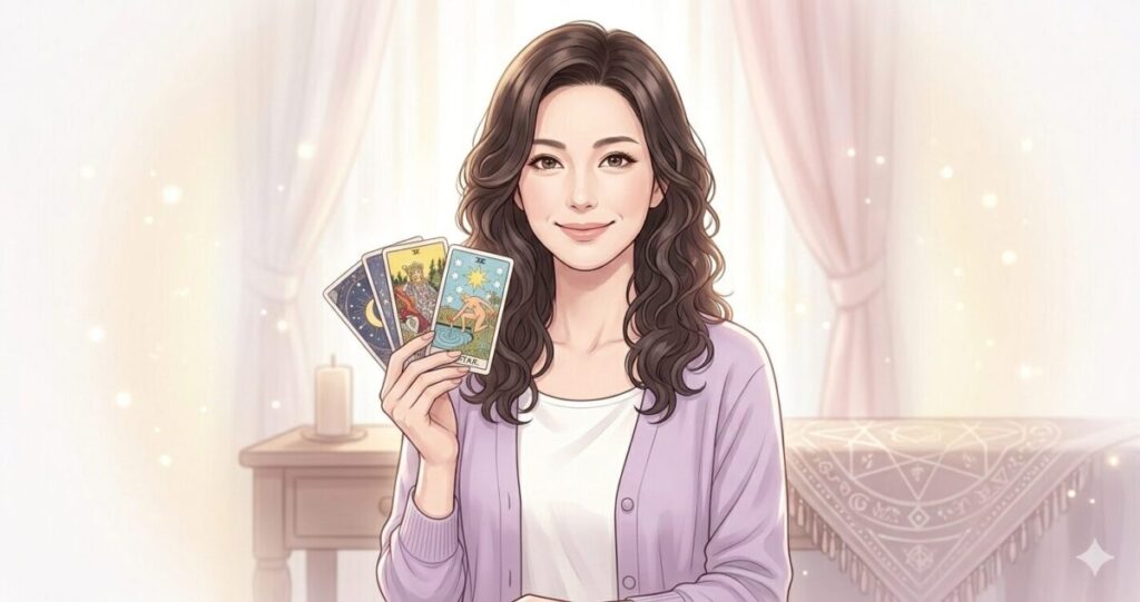 優しく寄り添う占い師
・タロットカードを持つ
・柔らかい笑顔
・相談者へ寄り添う雰囲気
