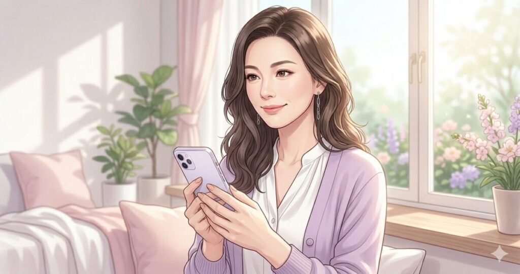 前向きな気持ちを取り戻す女性
・スマホを持つ女性
・少し笑顔
・朝の自然光
・穏やかな表情
・未来へ進む雰囲気
