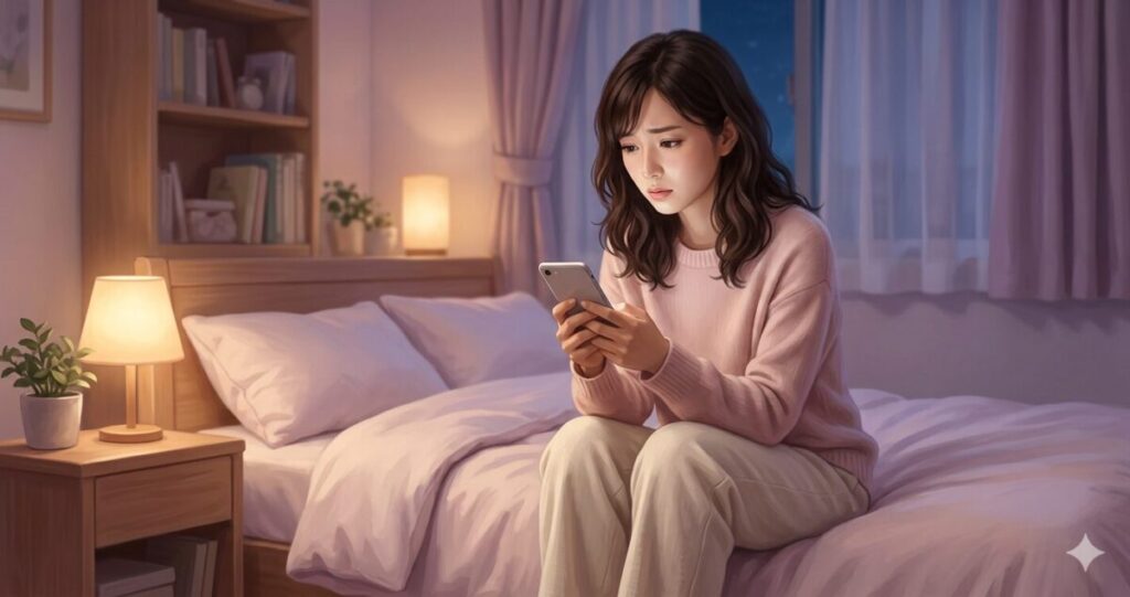 恋愛相談に悩む女性が、
夜にスマホを見ながら不安そうに考え込んでいるシーン。
