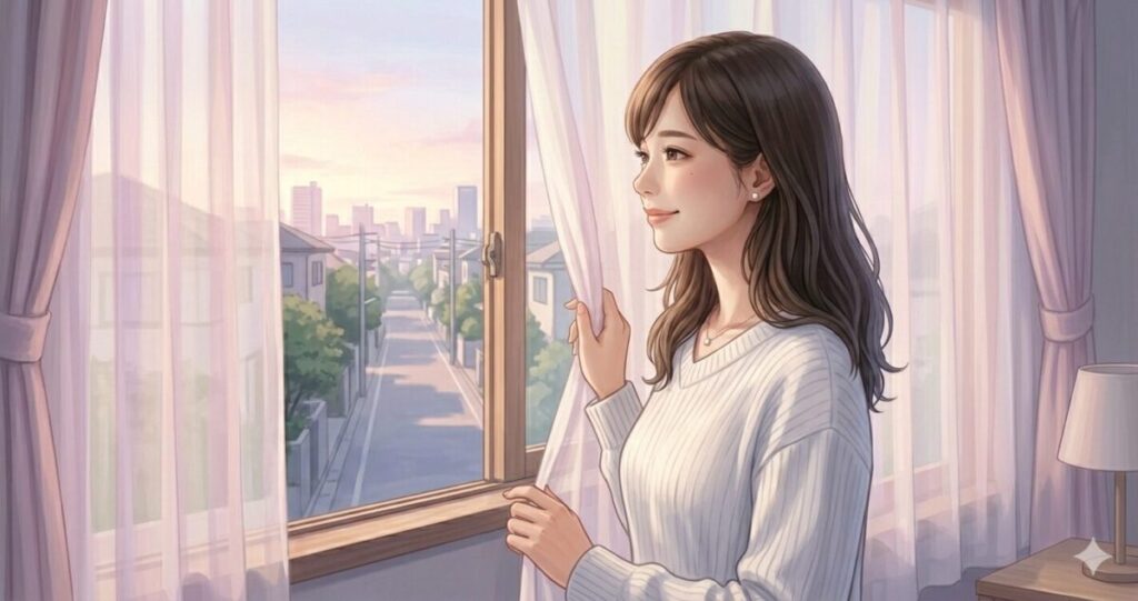 前向きな気持ちで窓の外を見つめる女性。
悩みを整理できた後の穏やかな空気感。
