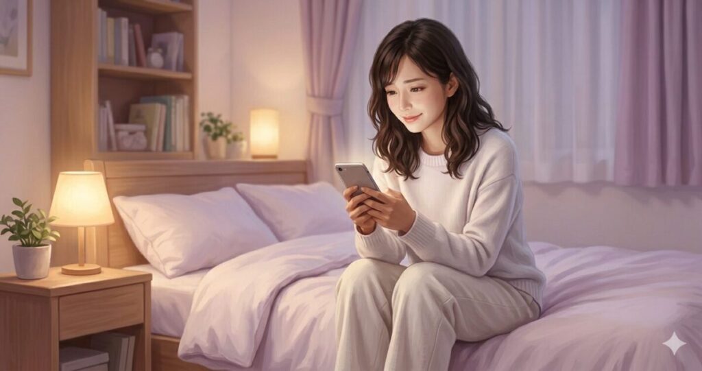 安心した表情でスマホを見つめる女性。
恋愛相談後に少し気持ちが軽くなった雰囲気。
