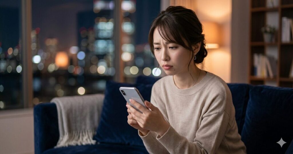 スマートフォンを両手で持ちながらソファに座り、考え込んでいる様子。
30代前後の日本人女性。