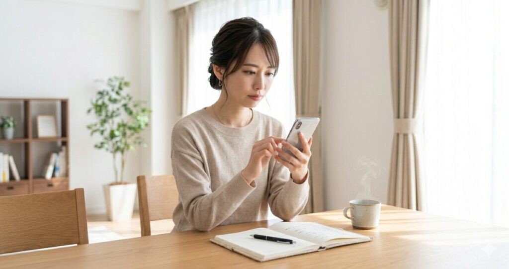 明るい室内でスマートフォンを見ながら占い師の情報収集している女性。
女性は真剣な表情で比較検討している。
