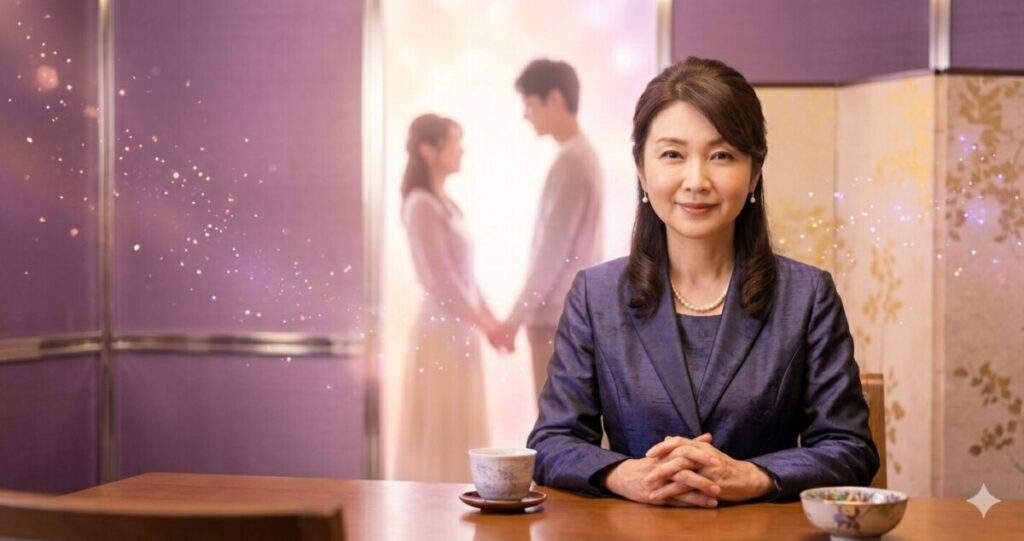美しく上品な日本人女性占い師。
優しく微笑みながら前方を見る。
奥には幸せそうな男女カップルのシルエットをぼかして配置