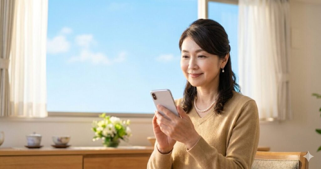 悩みから解放され前向きになる女性
人女性がスマートフォンを持ちながら穏やかに微笑んでいる。
窓の外には青空。
希望に満ちた未来を連想
