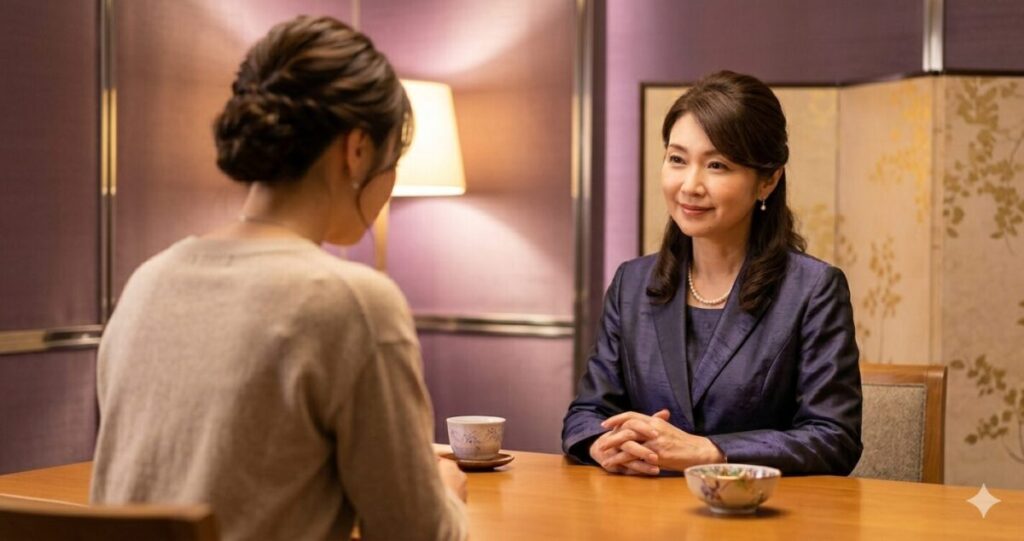 右側に上品な日本人女性占い師。
優しい微笑み。落ち着いた雰囲気。
左側には相談者女性の後ろ姿。
