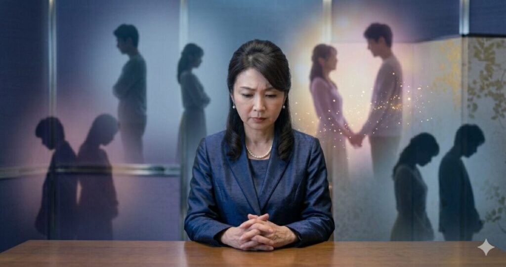 中央に悩む日本人女性。
背景にぼかした複数のカップル。
・距離のある男女
・手をつなぐ男女
・別れを連想させる男女
