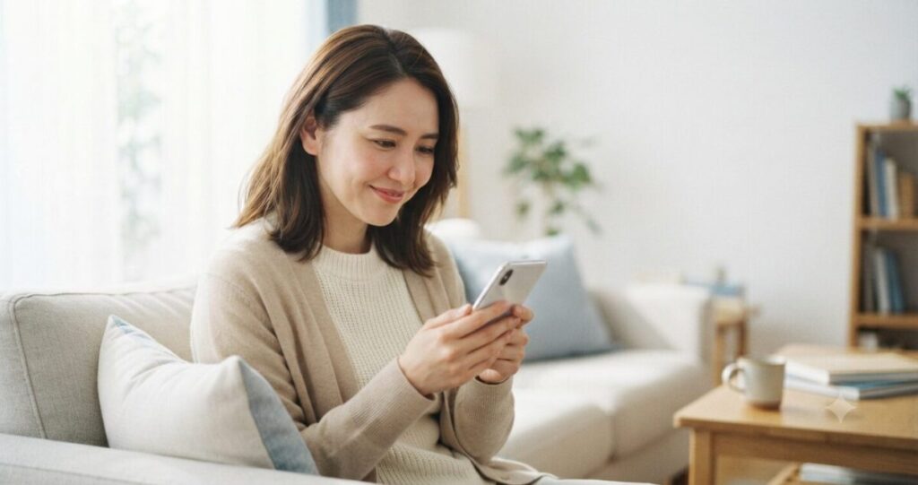 元彼を忘れられず、一人で悩みながらも前を向こうとしている女性
* ソファに座りスマートフォンを持つ
* 少し切ない表情
