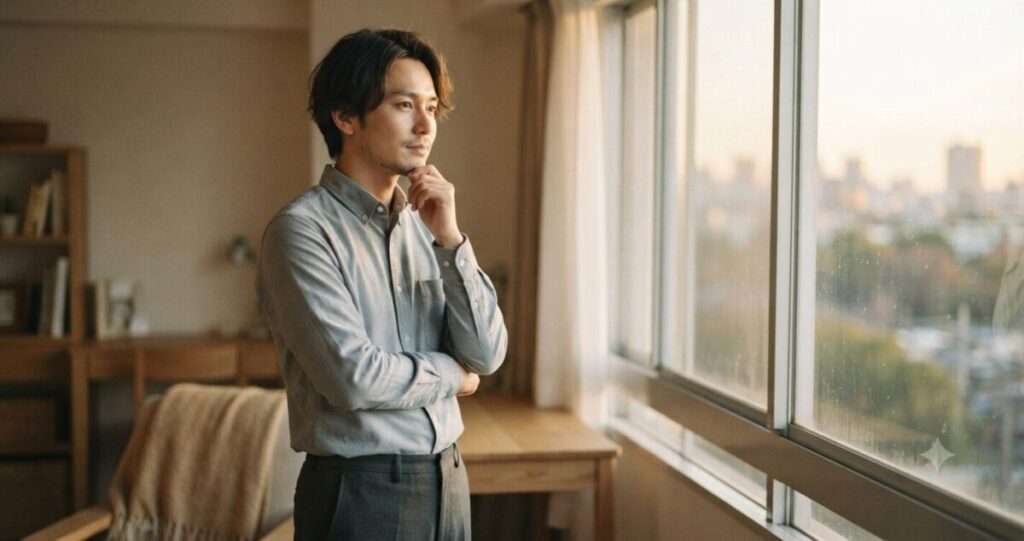 元彼が一人で過去を思い出しているシーン
* 窓際で外を眺める
* 落ち着いた表情
* 少し考え込んでいる様子
