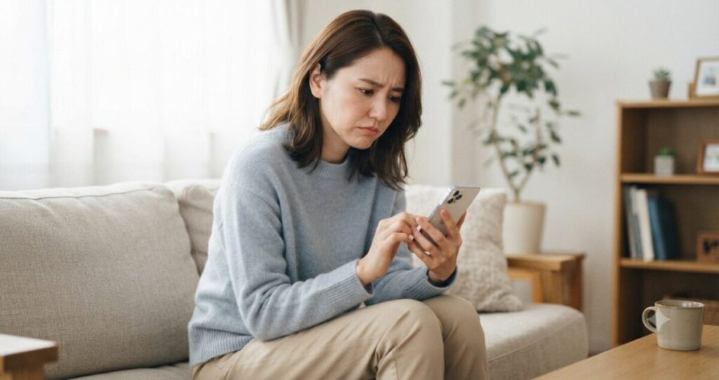 スマートフォンを見ながら悩む女性
* ソファでスマホを見る
* 困ったような表情
