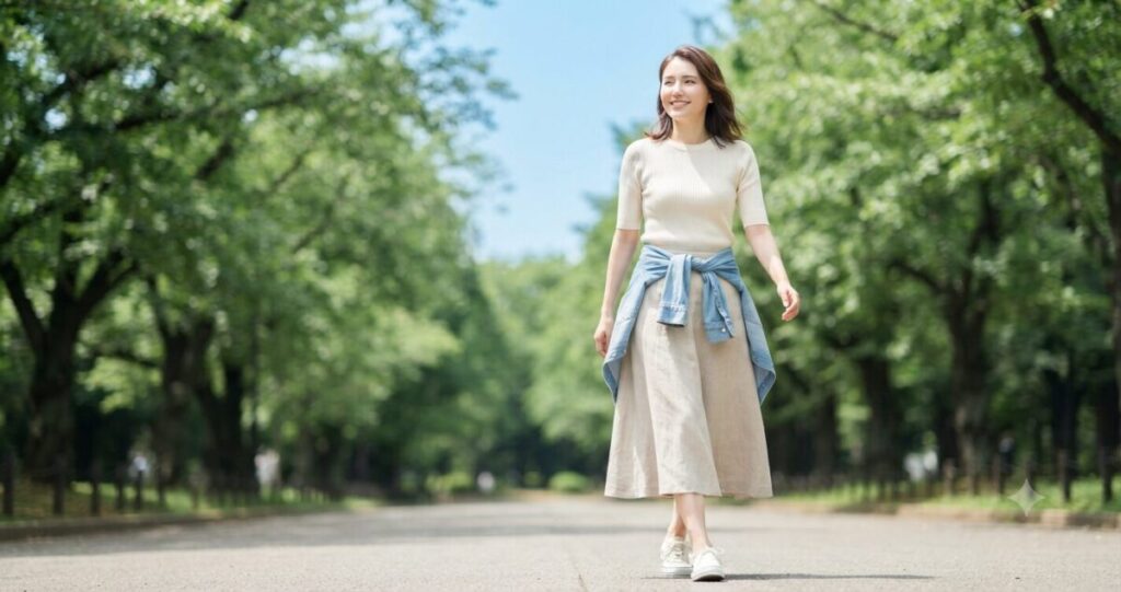 新しい一歩を踏み出そうとしている女性
* 公園や並木道を歩く
* 穏やかな笑顔
* 前を見つめる
