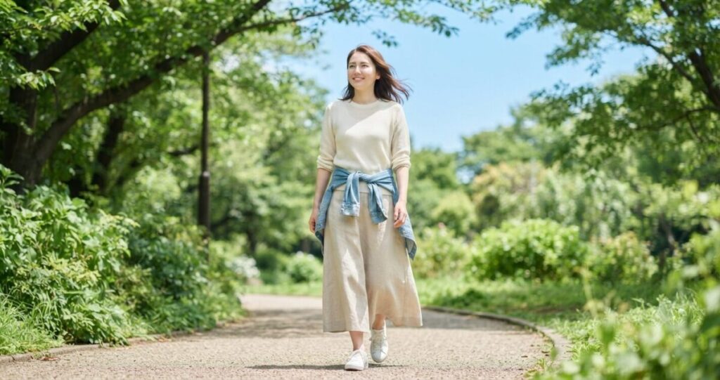 未来へ進む選択を考えている女性
* 公園を歩いている
* 前を見つめる自然な笑顔
