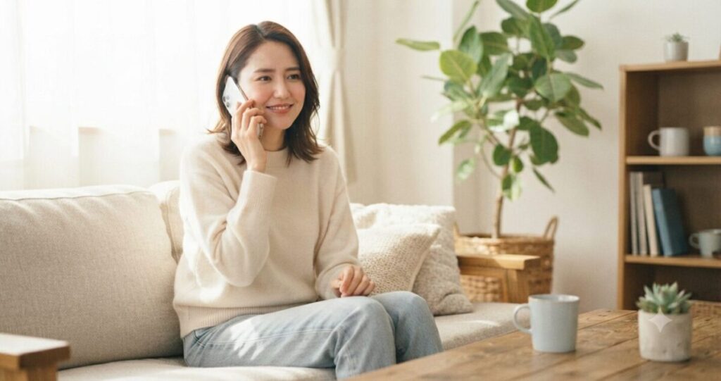 安心して電話相談をしている女性
* スマートフォンで通話中
* 優しい笑顔
* リラックスした表情
* 自宅で相談している
