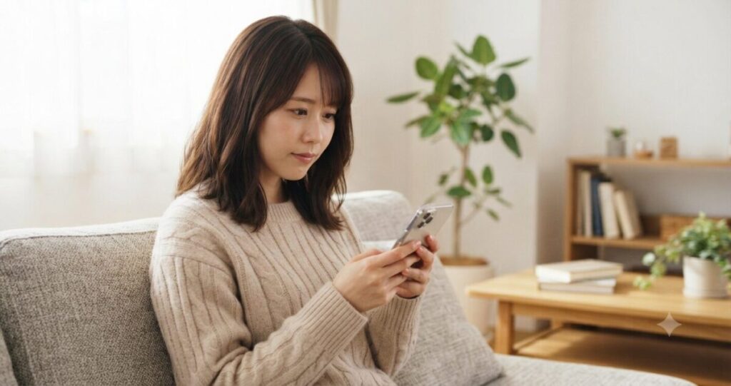 元彼に新しい彼女ができた事実を知り、不安や戸惑いを抱えながら相手の気持ちを考えている女性
* ソファに座りスマートフォンを見つめる姿
