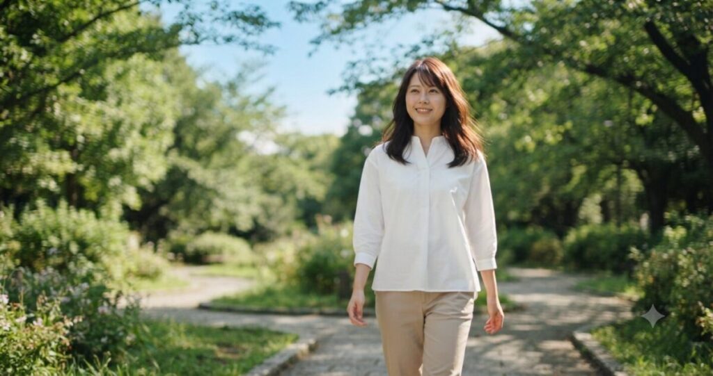 未来に希望を持ちながら前を向こうとしている女性
公園を歩いている姿
