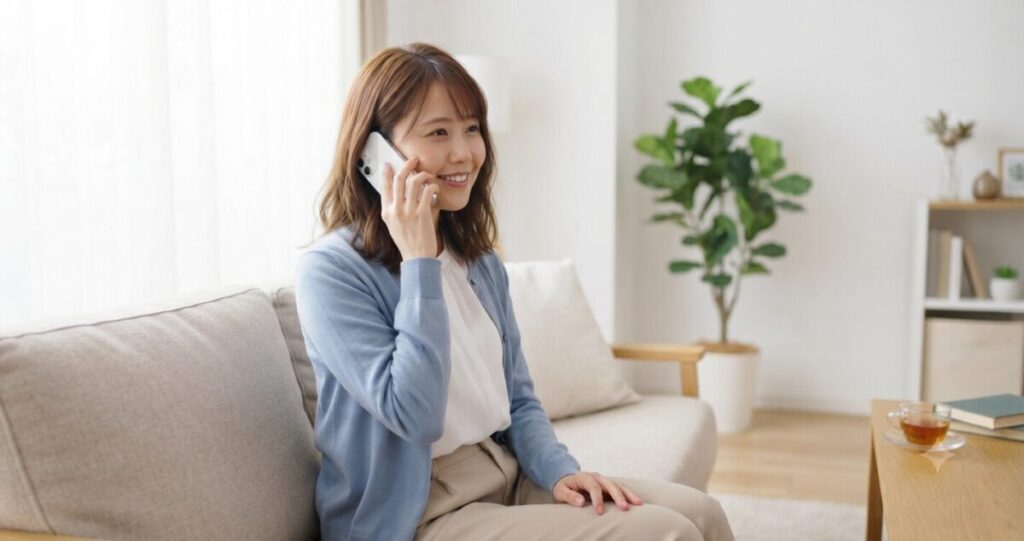 安心できる空間で電話相談をしている女性
「一人で抱え込まず相談する」という安心感