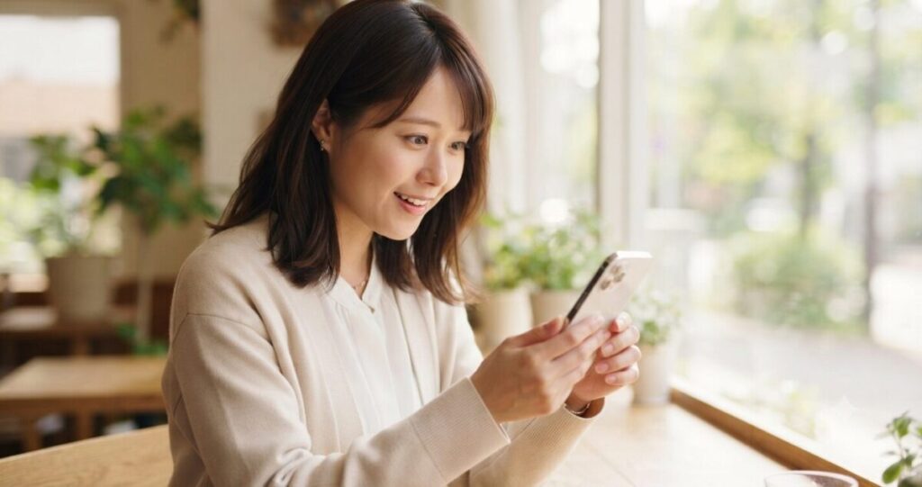 スマートフォンに通知が届き、少し驚きながらも穏やかな表情を見せる女性