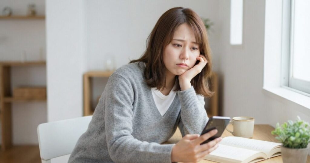 SNSを見続けて疲れた表情を浮かべる女性
不安や執着ではなく、「気持ちを切り替えることの大切さ」