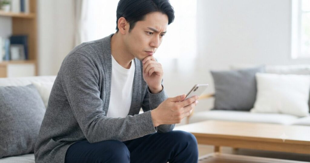 返信しようか迷っている男性
* スマートフォンを持って考えている
* 真剣な表情
