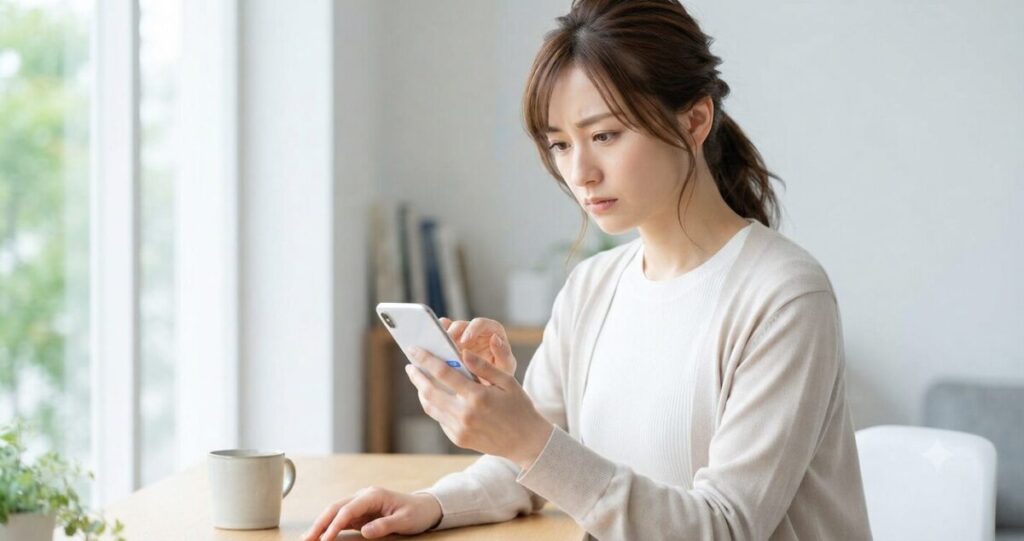 送信ボタンを押そうとして迷う女性
* スマートフォンを持つ
* 真剣な表情
* 少し悩んでいる様子
