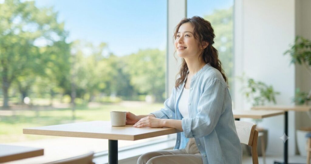 前向きな気持ちで未来を見つめる女性
* 優しい笑顔
* 空や窓の外を見つめている
