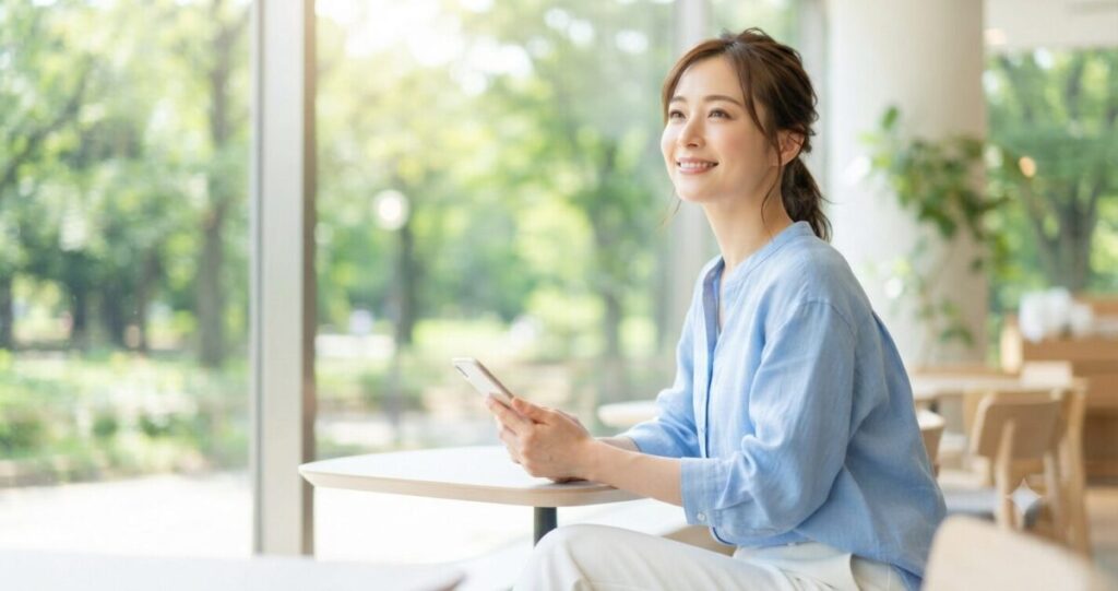 前向きな気持ちになり始めた女性
* 穏やかな笑顔
* スマートフォンを手にしている
