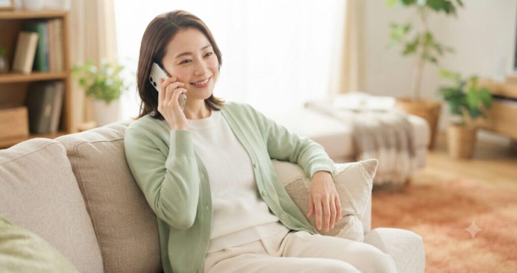 安心して電話相談をしている女性
* 電話をしながら安心した表情
* リラックスしている
