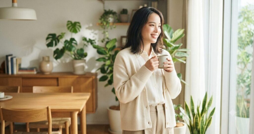 前向きな気持ちで新しい一日を迎える女性。 ・窓辺でコーヒーを飲む ・自然な笑顔