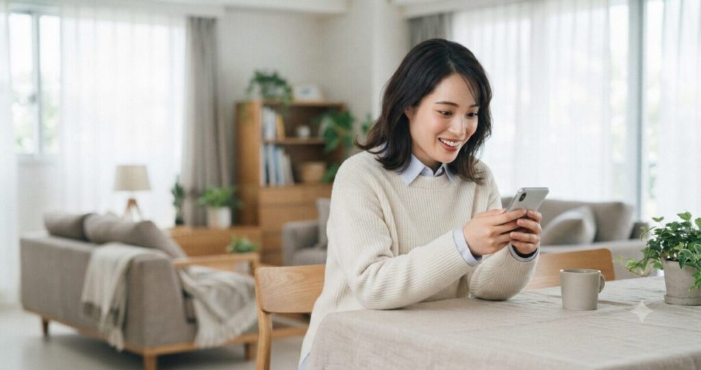 スマートフォンに届いたメッセージを見て驚きながらも嬉しそうな女性。
