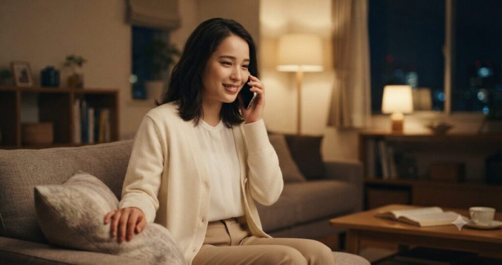 落ち着いた部屋で安心した表情で電話相談をしている女性。
・スマートフォンで通話中
・安心した優しい表情
