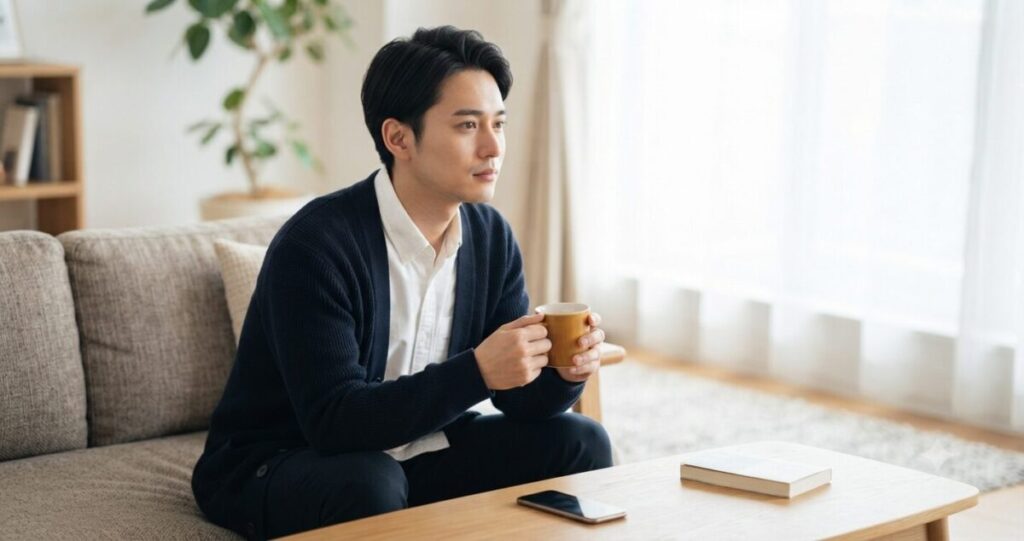 冷却期間に入り、一人で気持ちを整理している男性
・白シャツにネイビーのカーディガンなど落ち着いた服装
・窓際のソファに一人で座っている
・コーヒーカップを持ちながら物思いにふける様子
・スマートフォンはテーブルに置かれている
