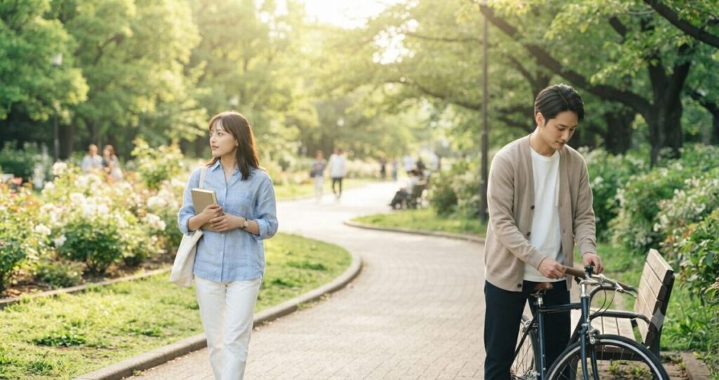 時間の経過によってお互いの気持ちが落ち着き、再び向き合う可能性を感じさせるイメージ。
・公園内で少し離れた場所にいる構図
・偶然見かけたような自然な距離感

