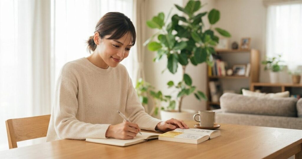 自分磨きや前向きな時間を過ごしている女性
・読書やノートを書いている様子
・落ち着いた笑顔
