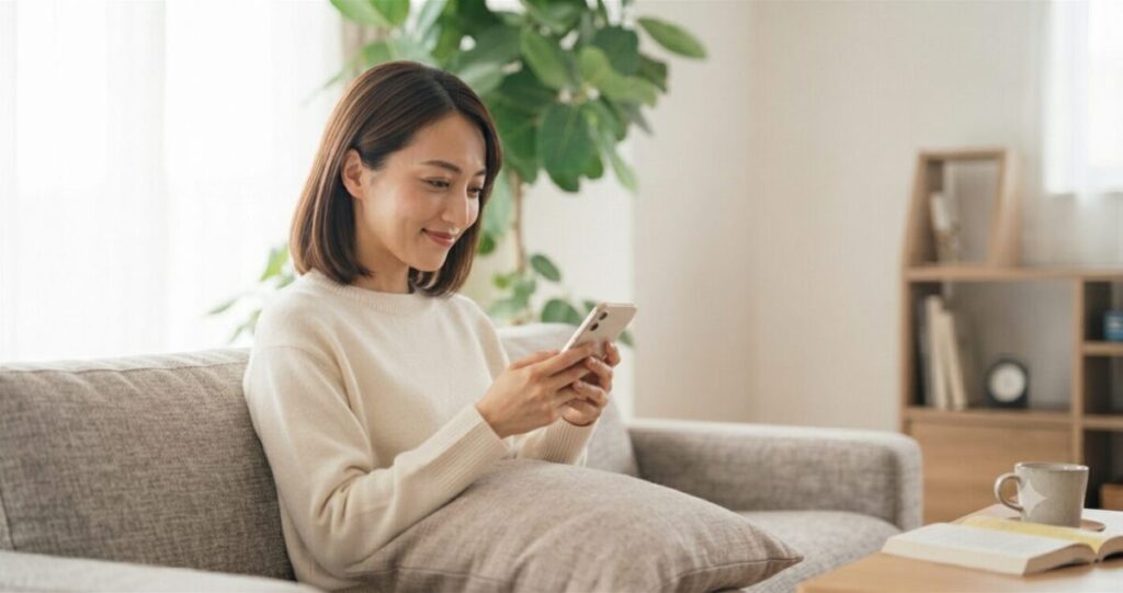 占い師に安心して恋愛相談ができるイメージ
・スマートフォンを持ちながら安心した様子
