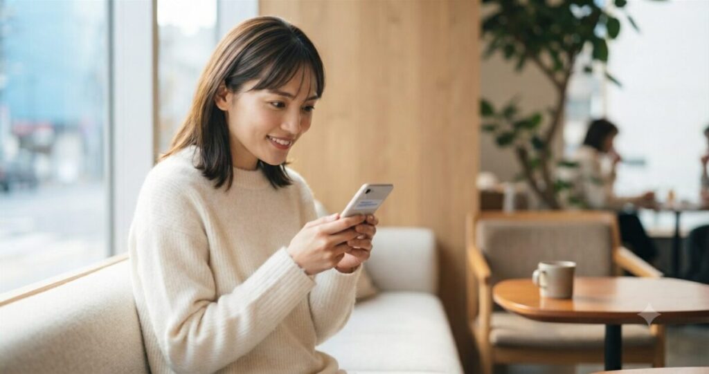 男性から連絡が届いた瞬間の期待と安心感を自然に表現したイメージ
・スマートフォンの通知を見て少し安心した表情
・自然な笑顔
