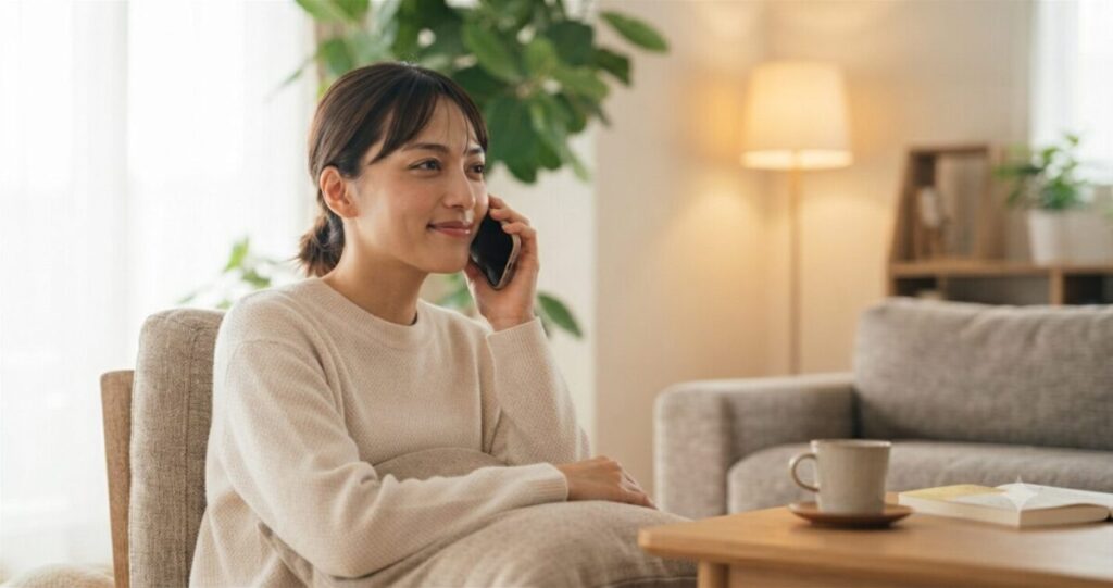 自宅でリラックスしながら恋愛相談をしている女性
・スマートフォンで通話中
・安心した穏やかな表情
・ソファでくつろいでいる
