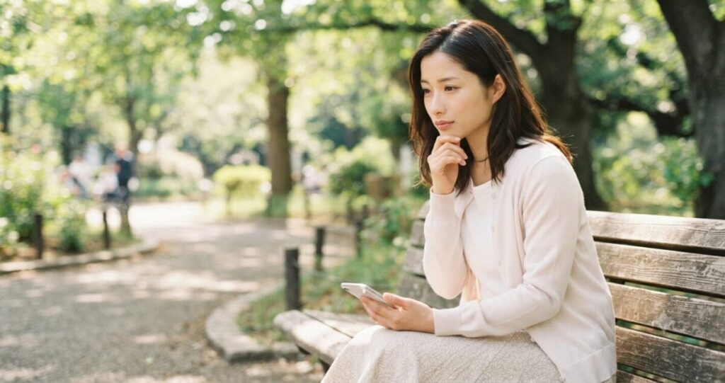 告白を前に一歩踏み出せず悩んでいる様子
* ベンチに座って考え込んでいる
* スマートフォンを手に持つ
* 穏やかで自然な表情
