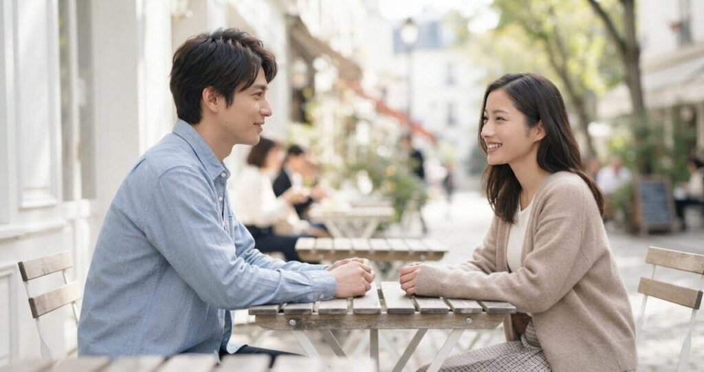 相手の心理をイメージさせる恋愛シーン
* 少し距離を保ちながら会話している
* 穏やかな笑顔
* 自然な視線
