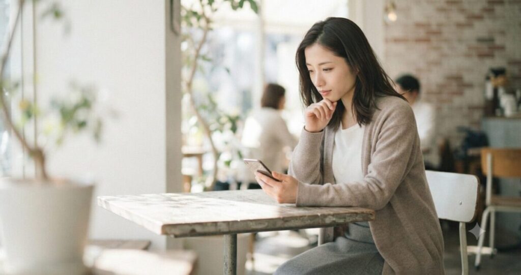悩みながらスマートフォンを見つめる女性
* 少し困った表情
