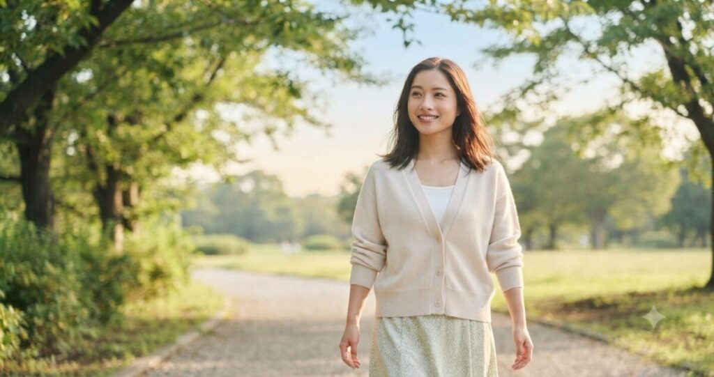 前向きな気持ちで未来へ進もうとする人物
* 微笑みながら前を見つめて歩く
* 自然体の笑顔
