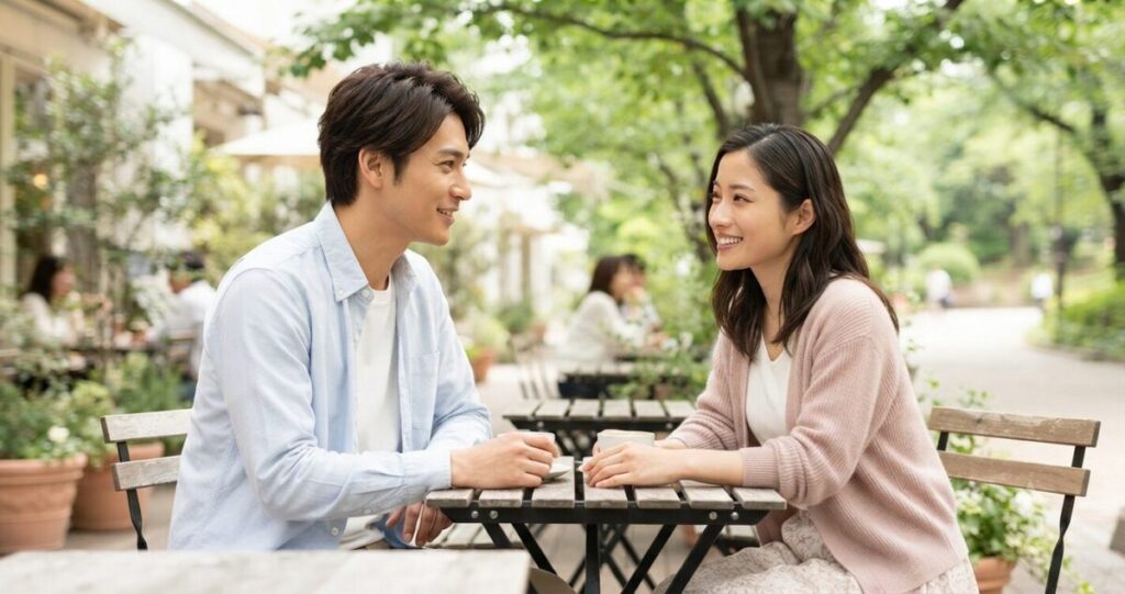 自然に距離が縮まる二人
* カフェで笑顔で会話
* リラックスした雰囲気
* 自然なアイコンタクト
