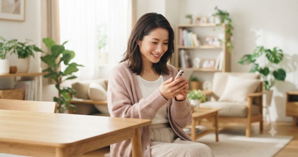 安心して恋愛相談をしている様子
* 自宅でスマートフォンを使って占い師に相談している
* 安心した穏やかな表情
