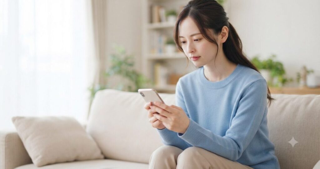 LINEの返信を待ちながら不安を感じる女性
* スマートフォンを見つめている
* 少し不安そうだが落ち着いた表情

